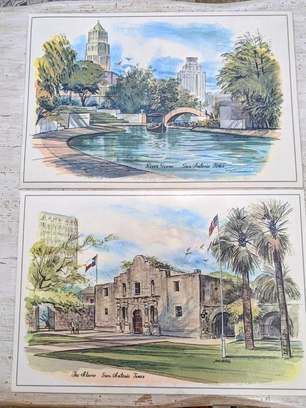 Vintage City of San Antonio, Texas James McBride Watercolor Placemats Set of 8